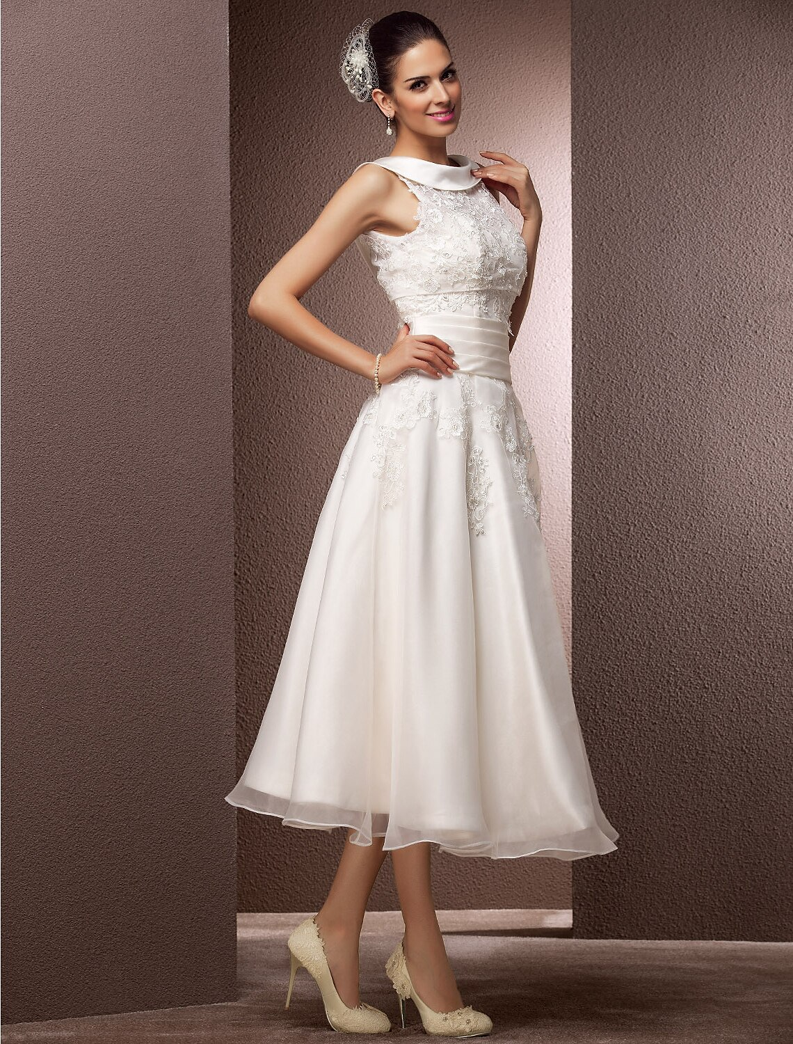 Hall Wedding Dresses Tea Length A-Line Regular Straps Bateau Neck Organza With Pearl Beading