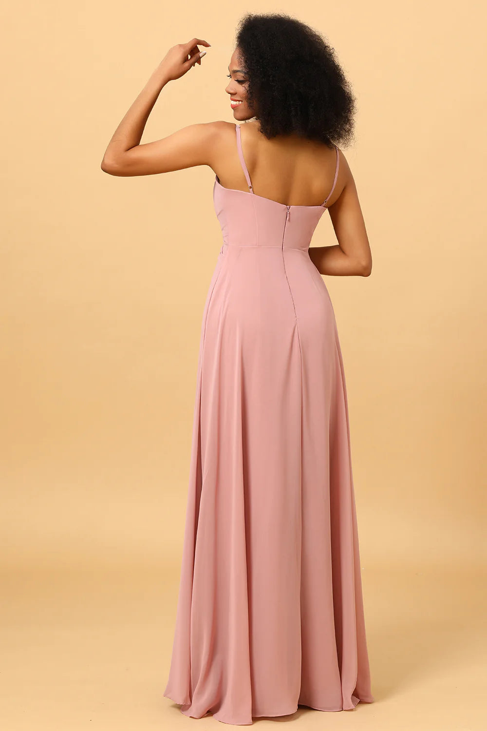 DingJiDress Elegant A Line V Neck Chiffon Ruffled Blush Long Bridesmaid Dress with Slit
