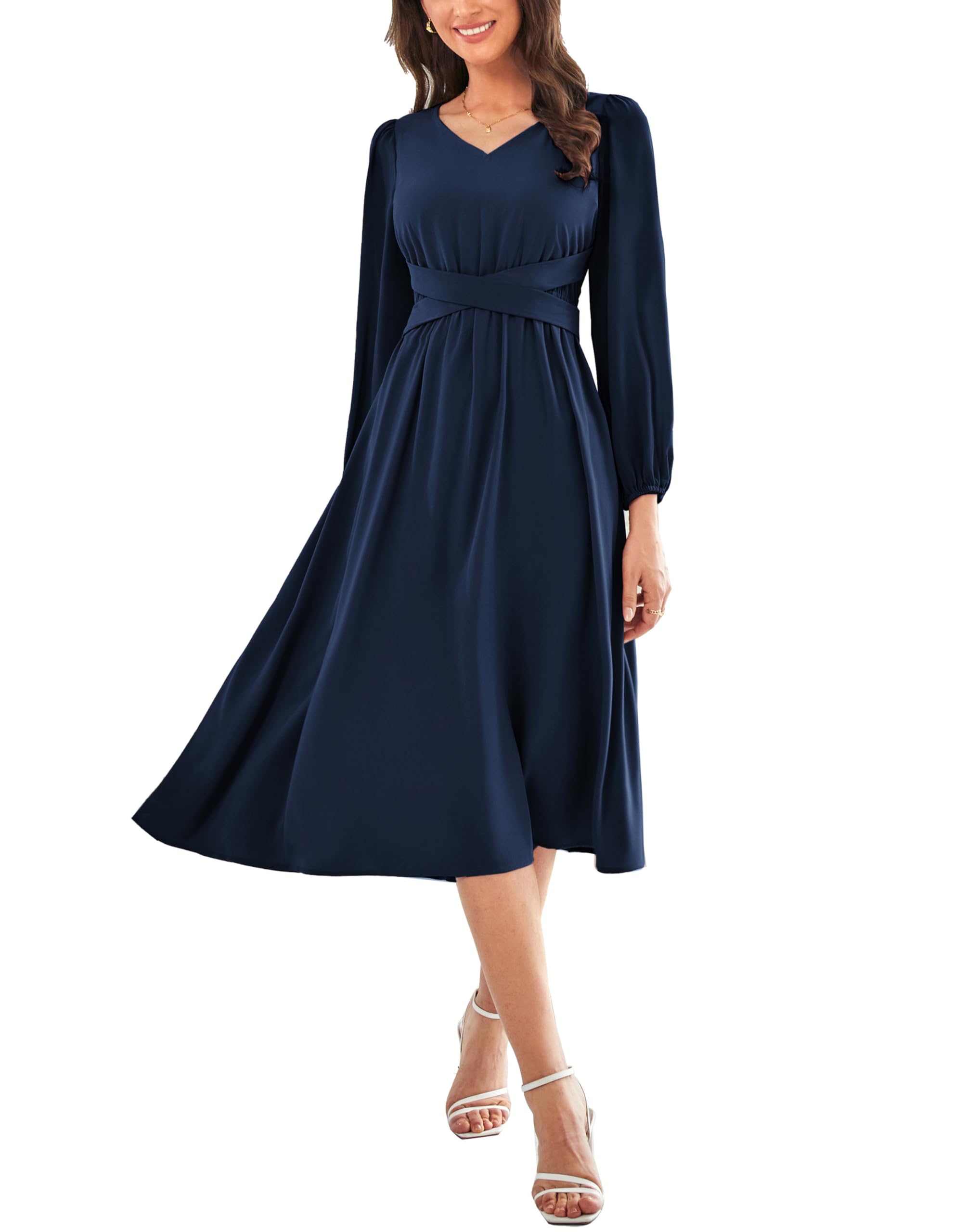 DingJiDress Mother of the Groom / Bride Dresses Women's Chiffon Dresses V Neck Long Sleeve Smocked Waist A-Line Midi Length Formal Dresses Wedding Guest Dress