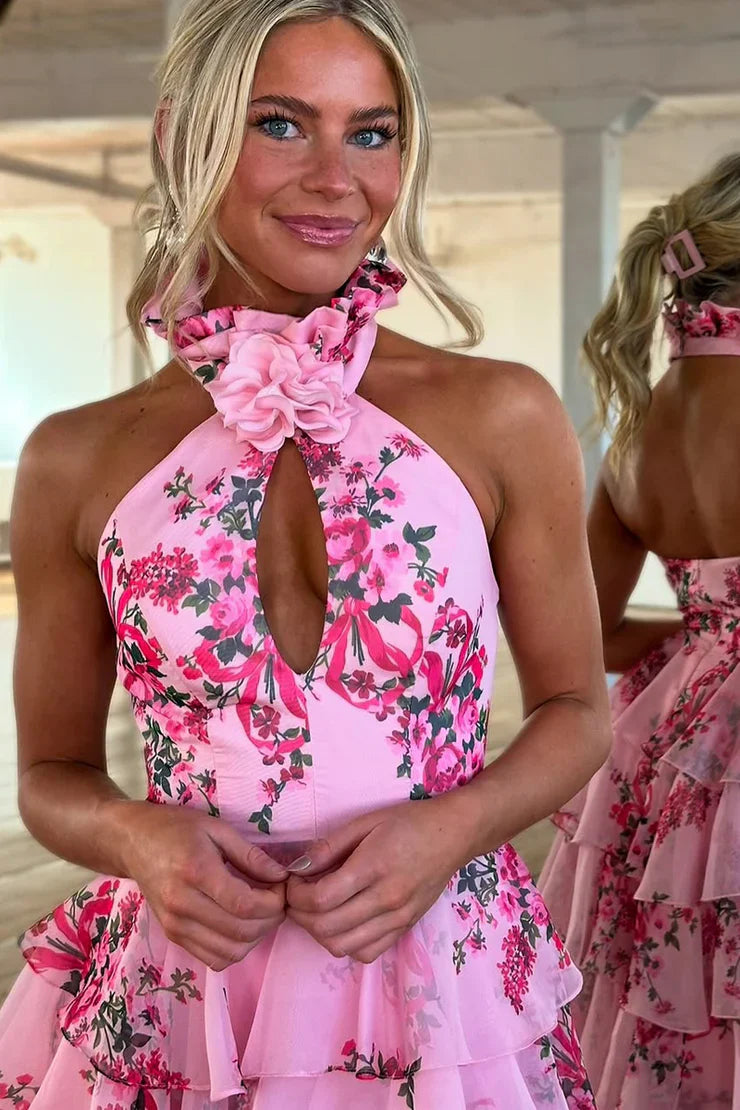 DingJiDress Cute Sheath Halter Floral Printed Chiffon Tiered with Slit Elegant Prom Dress