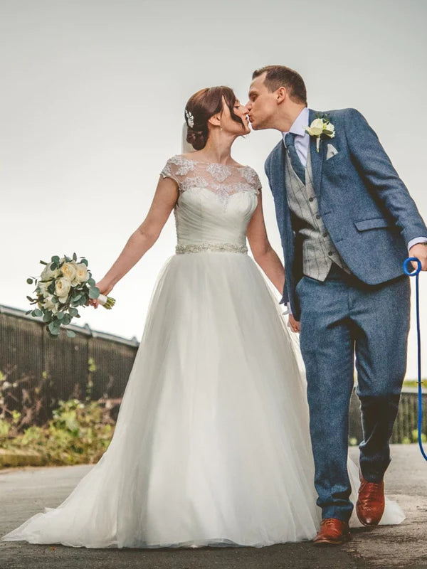 DingJiDress Classic Cap Sleeve High Neck Applique A Line Wedding Dresses