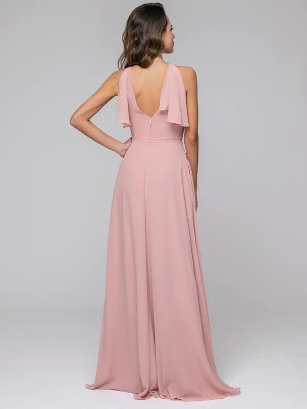 Ruffles V Neck Floor Length Chiffon Bridesmaid Dresses