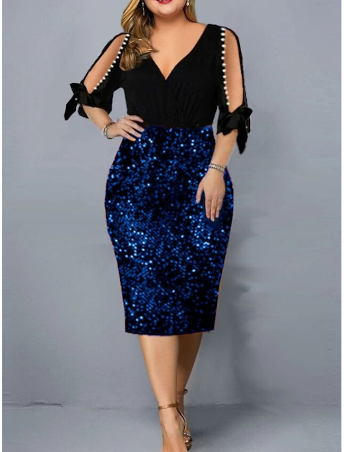 Sheath / Column Party Dresses Sparkle & Shine Dress Party Wear Fall Tea Length Half Sleeve V Neck Sequined with Glitter Bow(s)