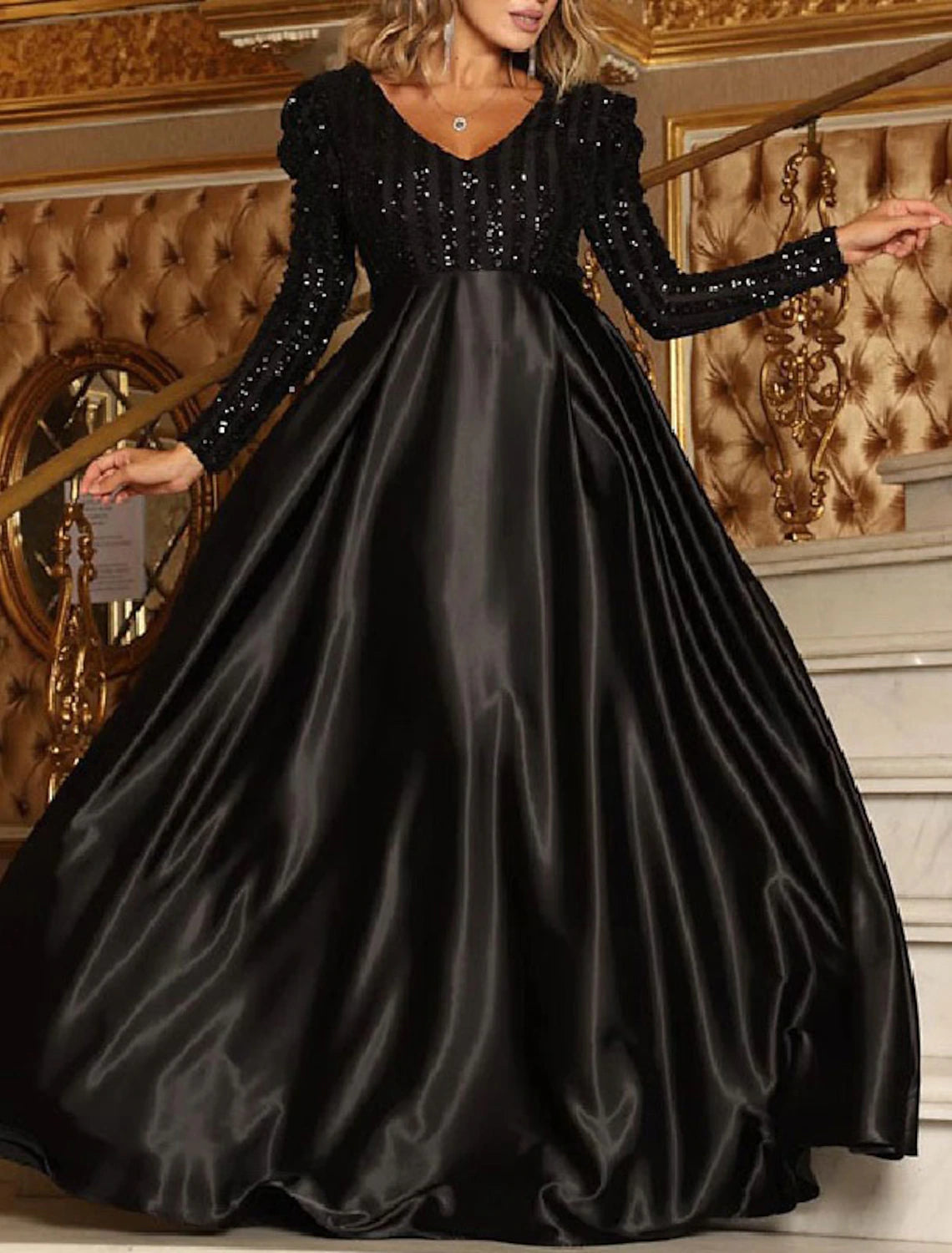 A-Line Sparkly Engagement Formal Evening Party Dress V Neck Long Sleeve Court Train Polyester with Sequin