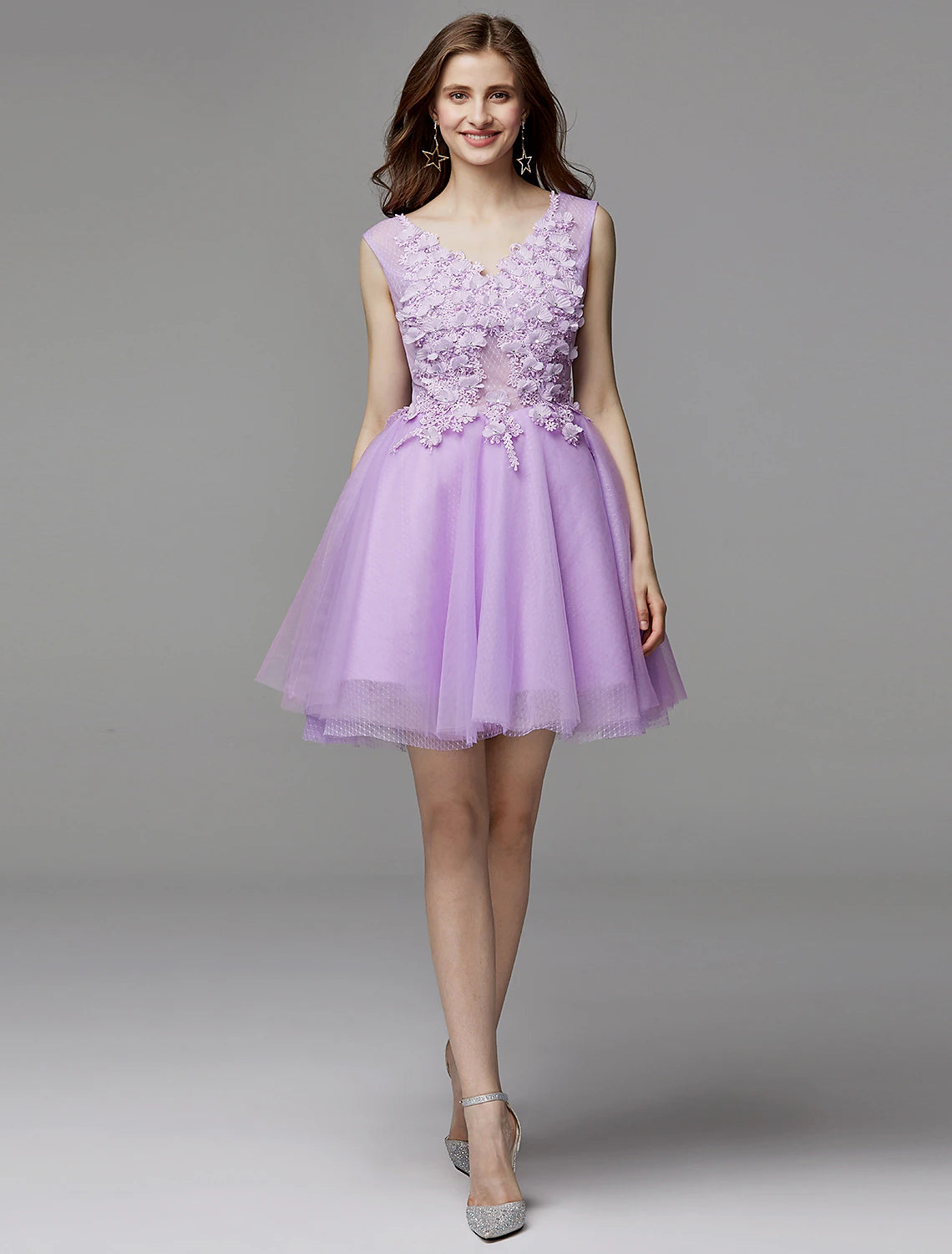 A-Line Party Dress Homecoming Graduation Short / Mini Sleeveless V Neck Lace Over Tulle with Crystals Appliques