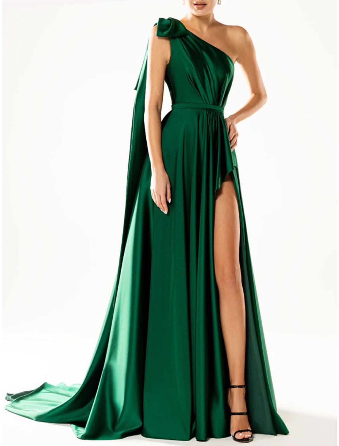 A-Line Evening Gown Elegant Dress Party Wear Wedding Guest Court Train Sleeveless One Shoulder Nylon with Bow(s)