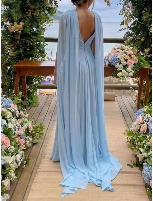 Sheath / Column Mother of the Bride Dress Wedding Guest Party Elegant V Neck Court Train Chiffon Sleeveless with Pleats Fall