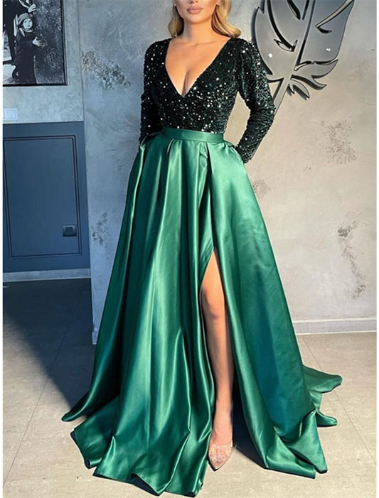 A-Line Celebrity Style Sparkle Sexy Party Wear Prom Dress V Neck Long Sleeve Sweep / Brush Train Satin with Slit Splicing