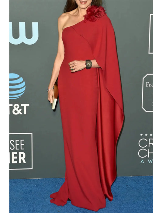 Sheath / Column Evening Gown Celebrity Style Dress Formal Wedding Guest Sweep / Brush Train Sleeveless One Shoulder Stretch Chiffon with Shouder Flower