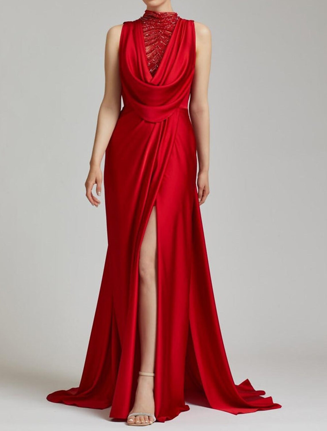 Mermaid / Trumpet Evening Gown Elegant Dress Formal Christmas Court Train Sleeveless Cowl Neck Satin with Ruched Slit