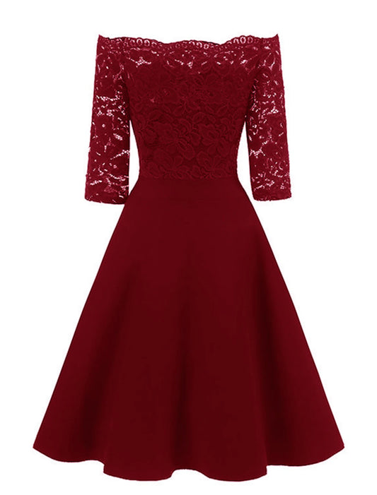 A-Line Cocktail Dresses Vintage Dress Graduation Party Wear Knee Length 3/4 Length Sleeve Off Shoulder Lace with Lace