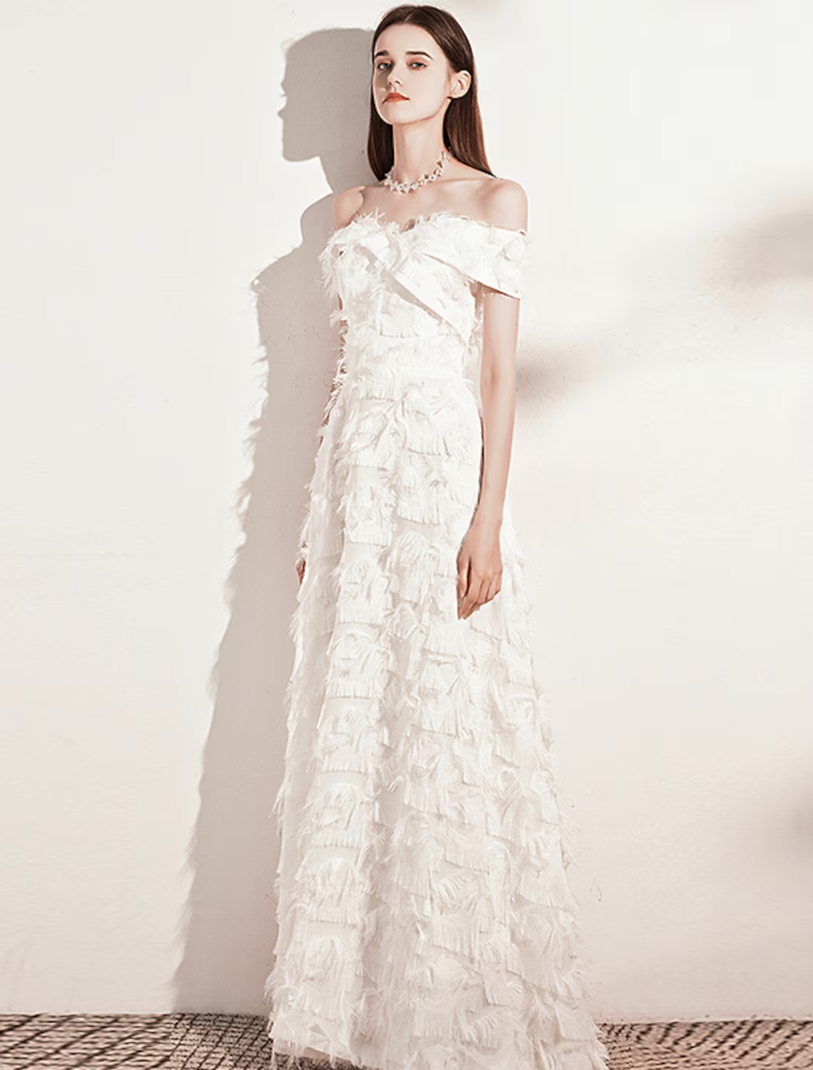 A-Line Evening Gown Minimalist Dress Formal Evening Floor Length Short Sleeve Off Shoulder Nylon with Feather