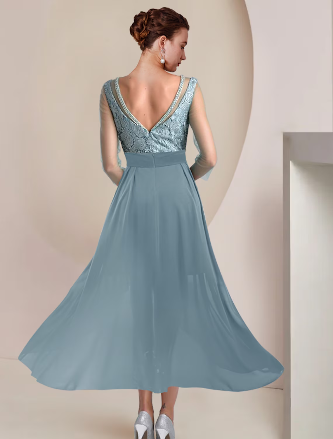 Two Piece Mother of the Bride Dress Formal Wedding Guest Vintage Elegant Length Knee Length Chiffon Lace Length Sleeve with Beading Appliques