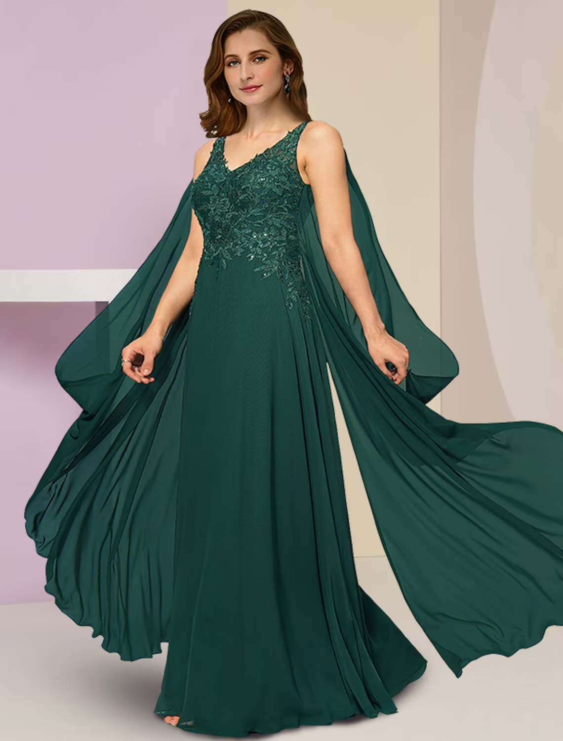 Plus Size Curve Mother of the Bride Dress Wedding Guest Vintage Party V Neck Floor Length Chiffon Lace Sleeveless with Pleats Sequin