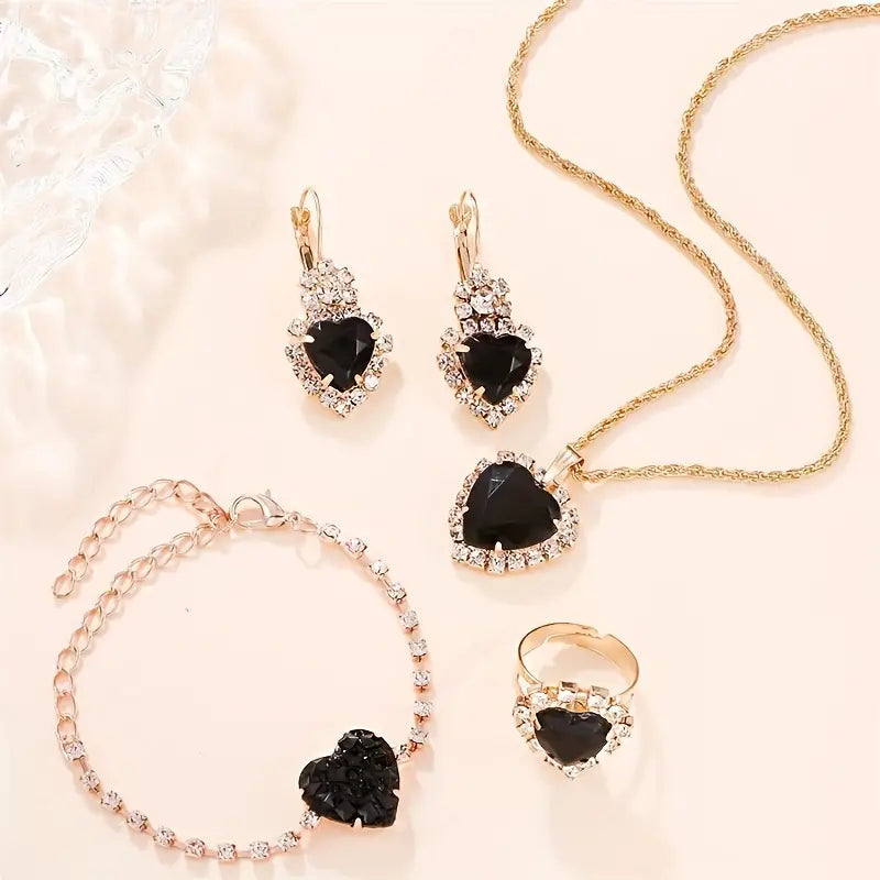 DingJi 1 Pair Of Earrings + 1 Necklace + 1 Bracelet + 1 Ring Coquette Style Jewelry Set Inlaid Heart Shape Zirconia Black Or Red Make Your Call