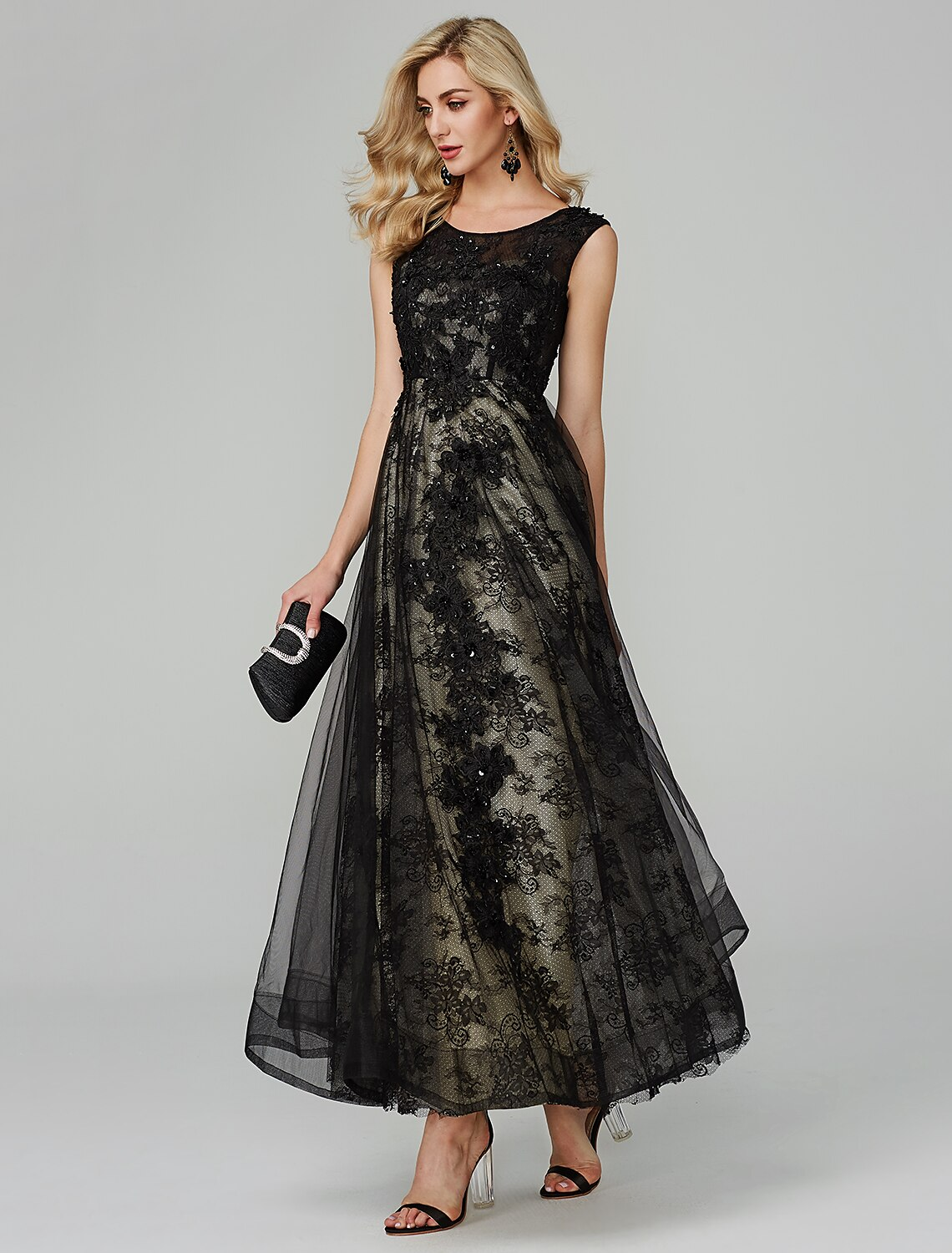 A-Line Open Back Dress Holiday Floor Length Sleeveless Jewel Neck Tulle with Appliques