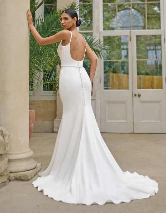 a simple sheath gown with cowl neckline