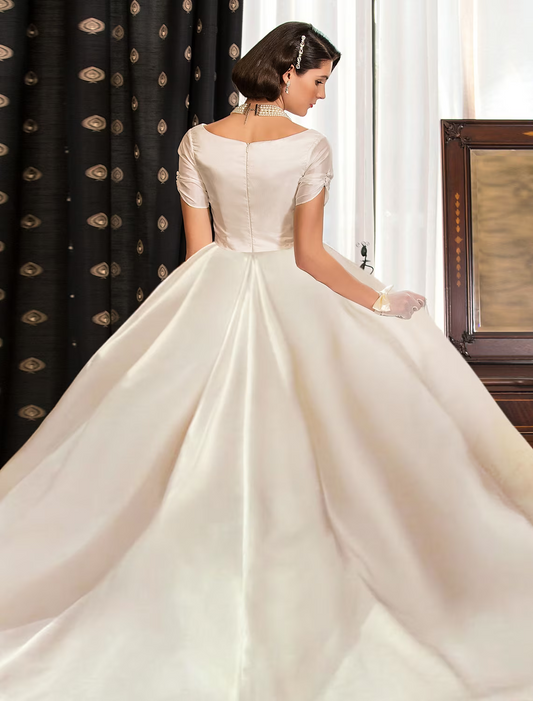 Engagement Formal Wedding Dresses Court Princess Short Sleeve V Neck Satin With Ruched