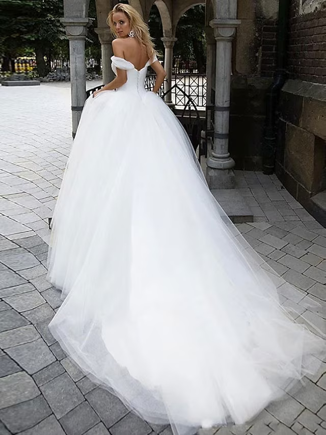 Wedding Dresses Chapel Train Ball Gown Short Sleeve Off Shoulder Tulle With