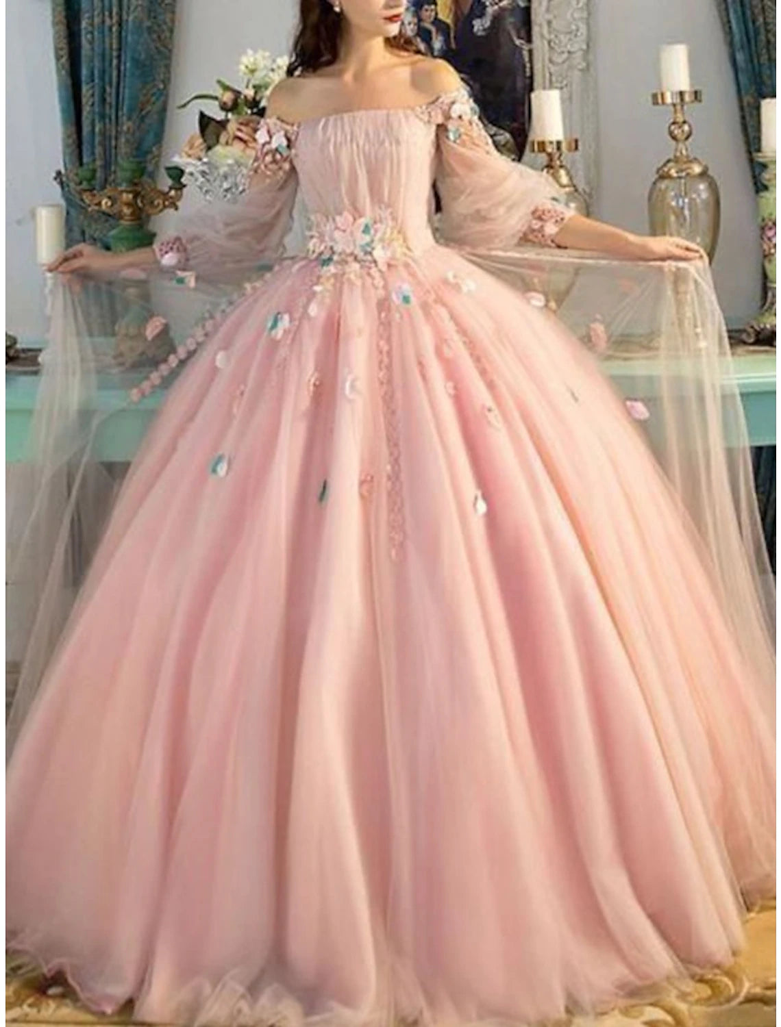 Ball Gown Quinceanera Dresses Floral Dress Wedding Prom Floor Length Long Sleeve Off Shoulder Tulle with Appliques