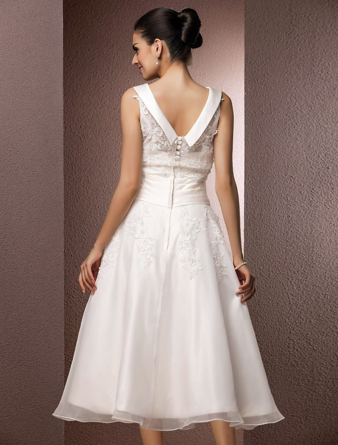 Hall Wedding Dresses Tea Length A-Line Regular Straps Bateau Neck Organza With Pearl Beading