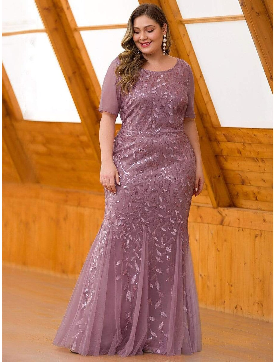 Empire Elegant Party Wear Formal Evening Dress Jewel Neck Short Sleeve Floor Length Tulle with Embroidery