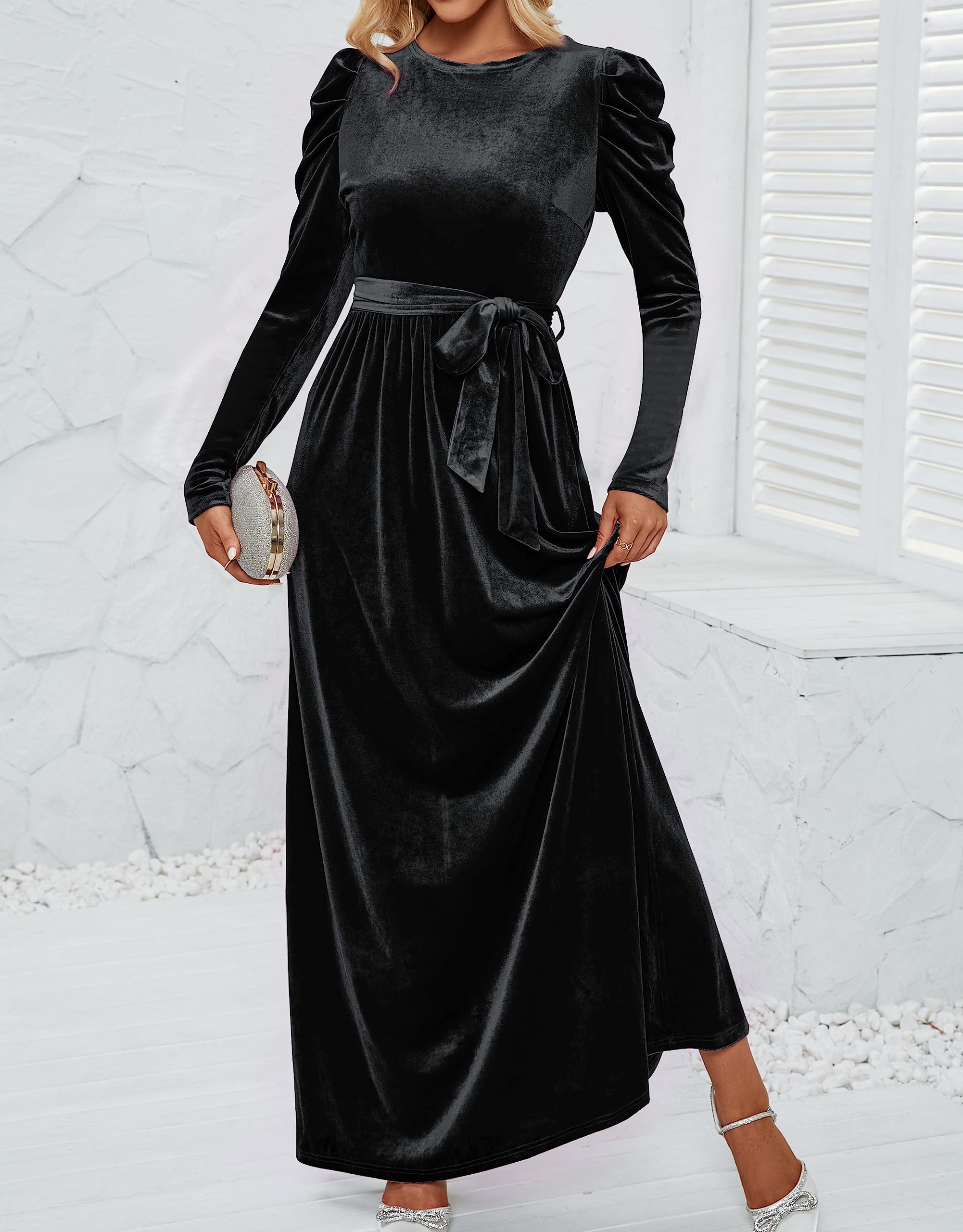 DingJiDress Wedding Guest Dress Women's Velvet Maxi Dress Long Puff Sleeve Crew Neck Elastic High Waist Cocktail Party Formal Wear Dresses Evening Dress