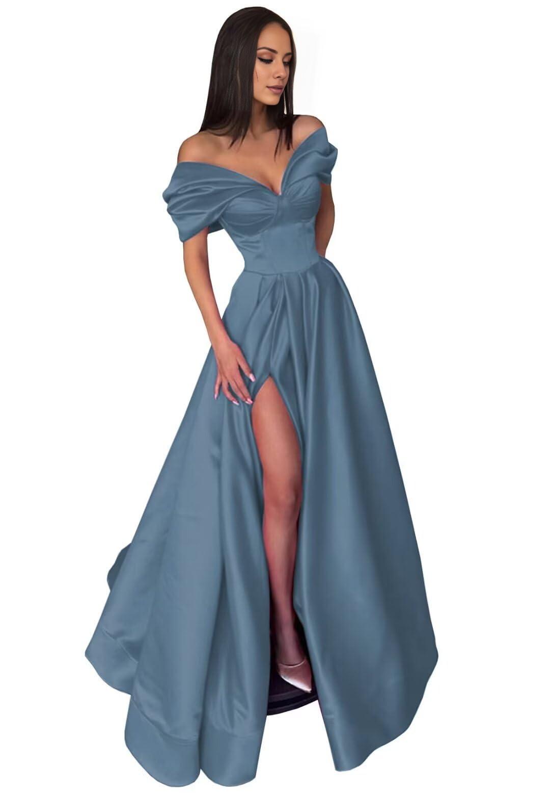 A-Line Evening Gown High Split Dress Black Dress Formal Carival Floor Length Short Sleeve Off Shoulder Satin with Pleats Slit