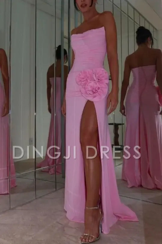 DingJiDress Elegant Strapless Scoop Neck Pleated Flower with Slit Exquisite Prom Dress