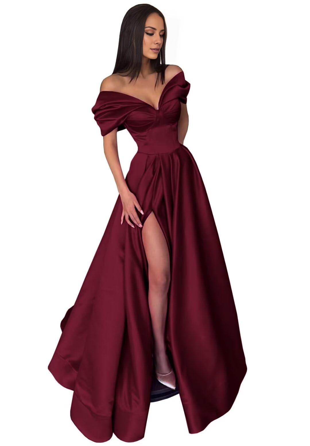 A-Line Evening Gown High Split Dress Black Dress Formal Carival Floor Length Short Sleeve Off Shoulder Satin with Pleats Slit