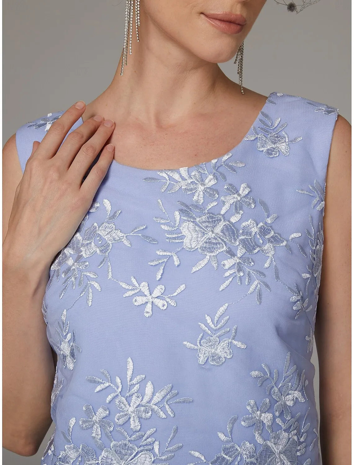 DingJiDress November December Autumn Winter Wedding Guest Dress Two Piece Sheath / Column Pantsuit Elegant Jewel Neck Tea Length Chiffon Lace Sleeveless Jacket Dresses with Appliques Mother of the Groom / Bride Dresses