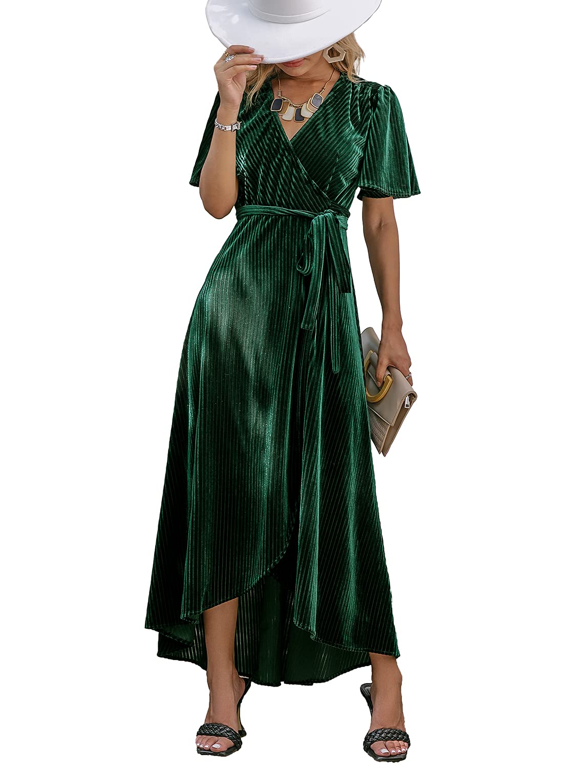 DingJiDress Wedding Guest Dress Women's Velvet V Neck Short Sleeve Wrap Maxi Dress Formal Wear Dresses Evening Dress