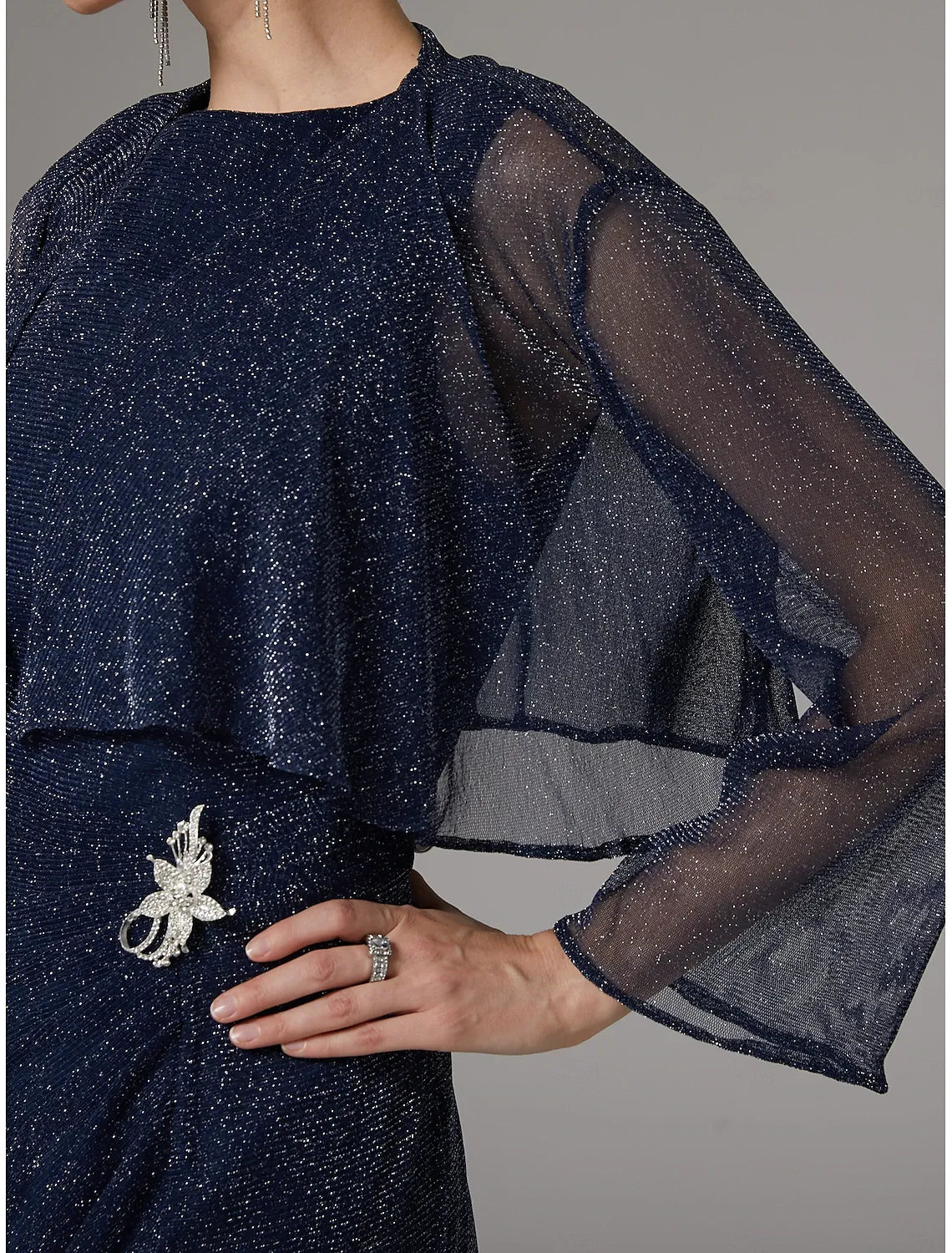 DingJiDress November December Autumn Winter Wedding Guest Dress Two Piece Sheath / Column Dress Suit Elegant Sparkle & Shine Jewel Neck Floor Length Chiffon Long Sleeve with Buttons Mother of the Groom / Bride Dresses