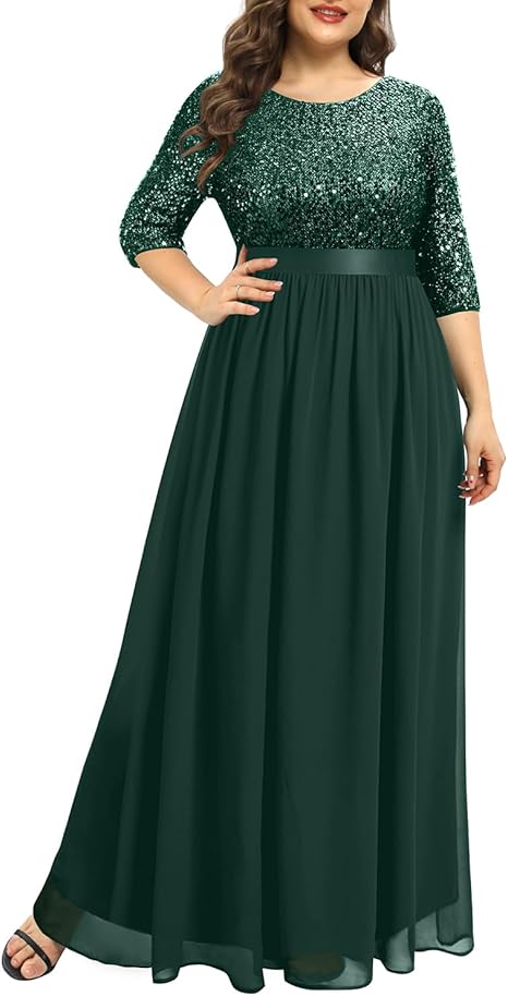 DingJiDress Mother of the Groom / Bride Dresses Plus Size sequin Chiffon Long Maxi 3/4 Sleeve V-Back Formal Dress Formal Dresses Wedding Guest Dress