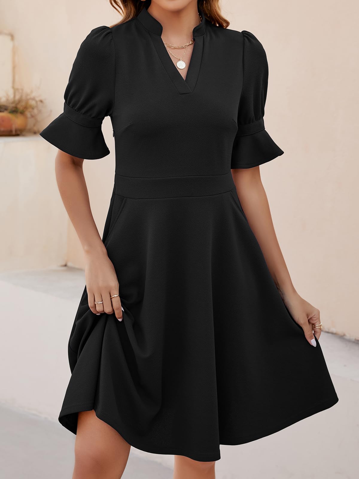 DingJiDress Wedding Guest Dress V Neck Ruffle Short Sleeve Fit and Flare Knee Length Church Wedding Guest Dresses with Pockets Formal Wear Dresses Evening Dress
