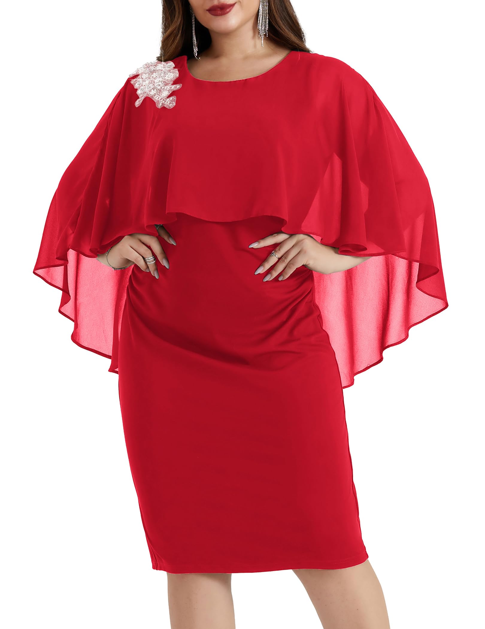 DingJiDress Mother of the Groom / Bride Dresses Women Chiffon Cape Crew Neck Elegant Hand-Beaded Cocktail Bodycon Dresses Formal Dresses Wedding Guest Dress