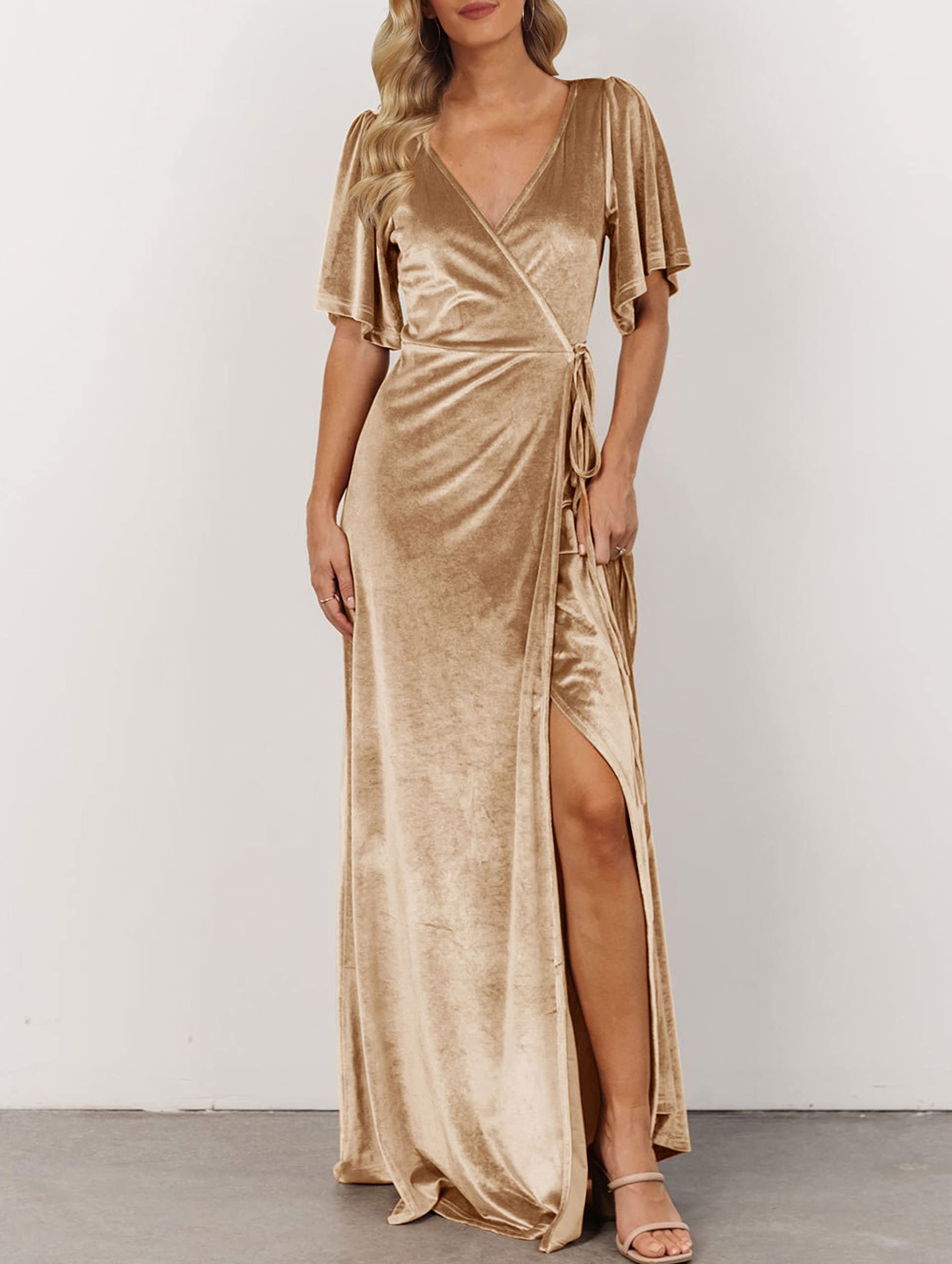 DingJiDress Wedding Guest Dress Women's V Neck Wrap Velvet Maxi Dress Bell Sleeve Split Bridesmaid Cocktail Party Dresses Formal Wear Dresses Evening Dress