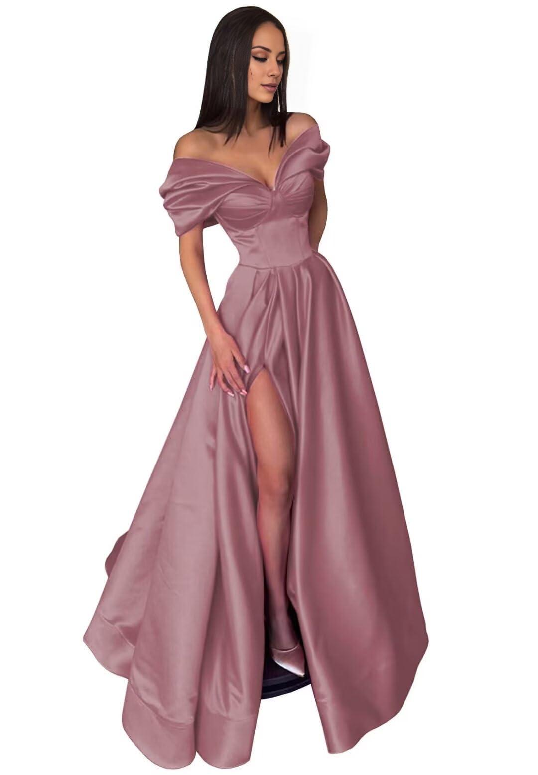 A-Line Evening Gown High Split Dress Black Dress Formal Carival Floor Length Short Sleeve Off Shoulder Satin with Pleats Slit