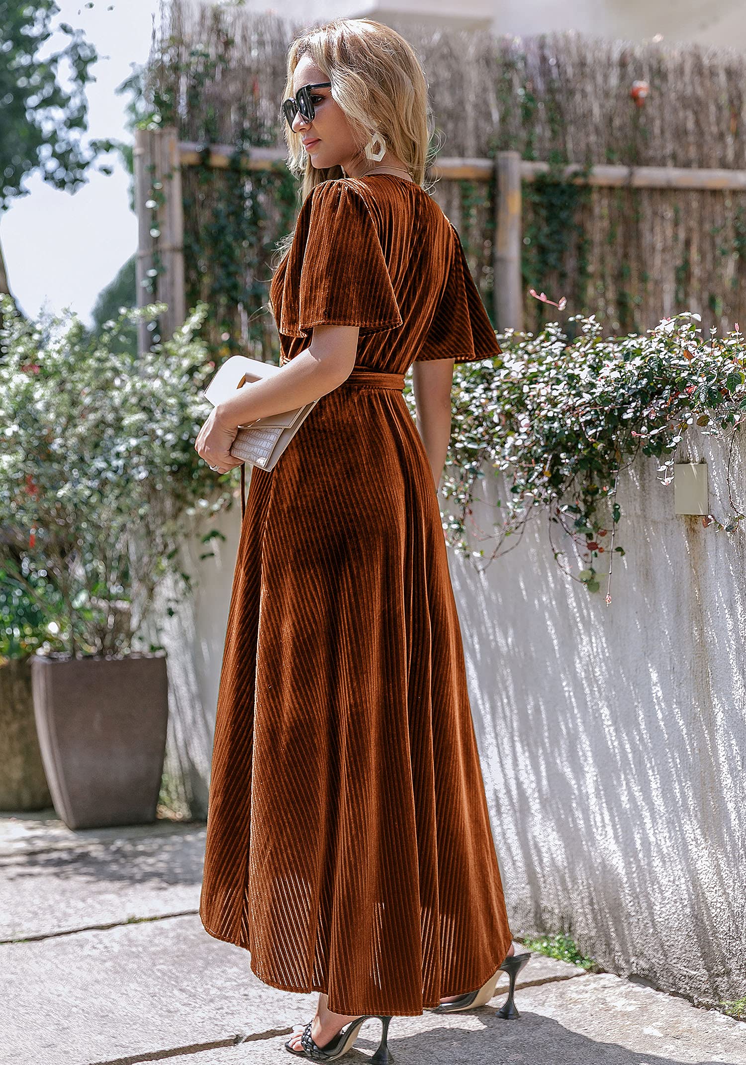 DingJiDress Wedding Guest Dress Women's Velvet V Neck Short Sleeve Wrap Maxi Dress Formal Wear Dresses Evening Dress