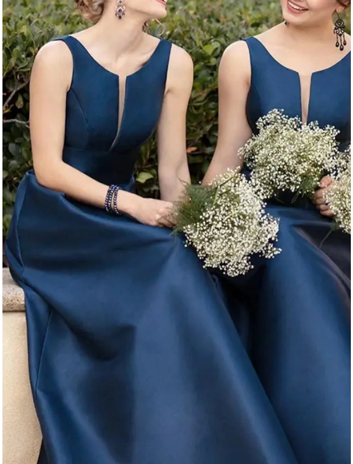 Sheath / Column Bridesmaid Dress Scoop Neck Sleeveless Blue Floor Length Satin with Pleats