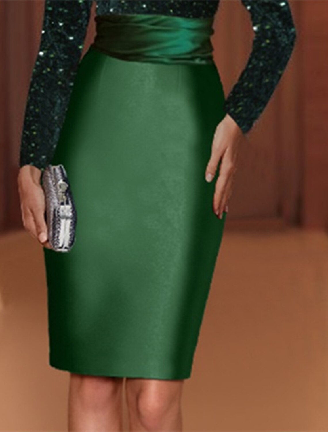 Sheath Evening Gown Elegant Dress Red Green Dress Knee Length Long Sleeve High Neck Satin with Sequin