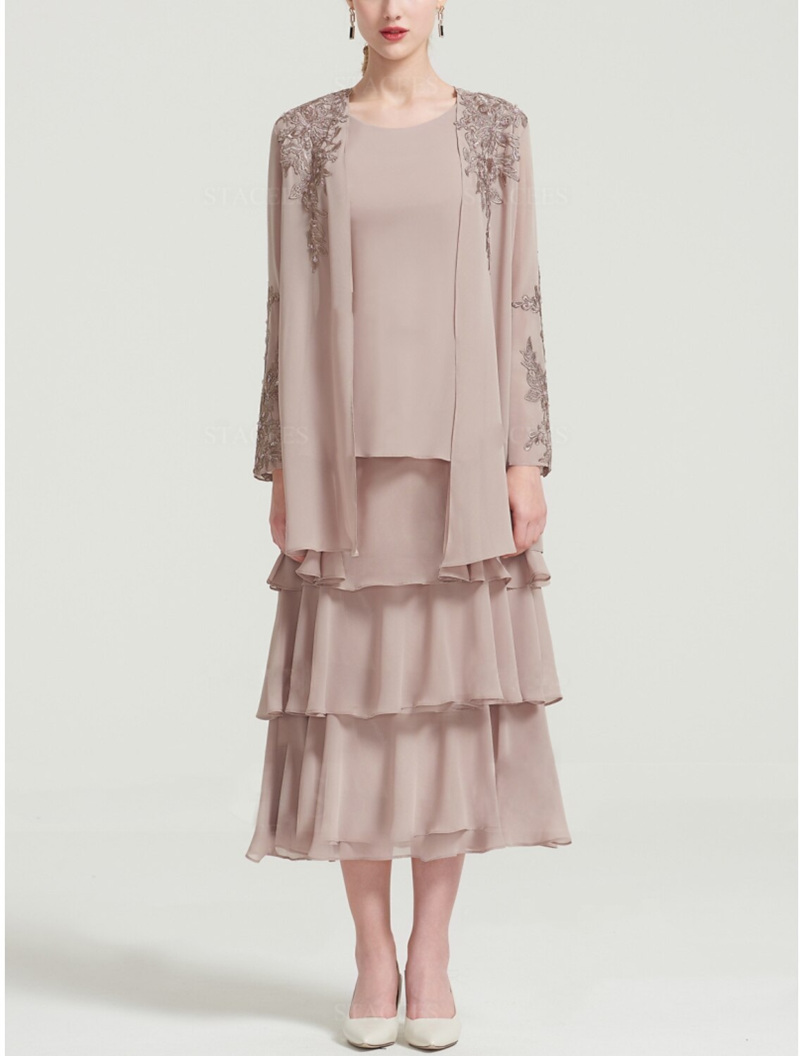 Sheath / Column Mother of the Bride Dress Wedding Guest Elegant Scoop Neck Tea Length Chiffon Long Sleeve with Tier Appliques Ruching