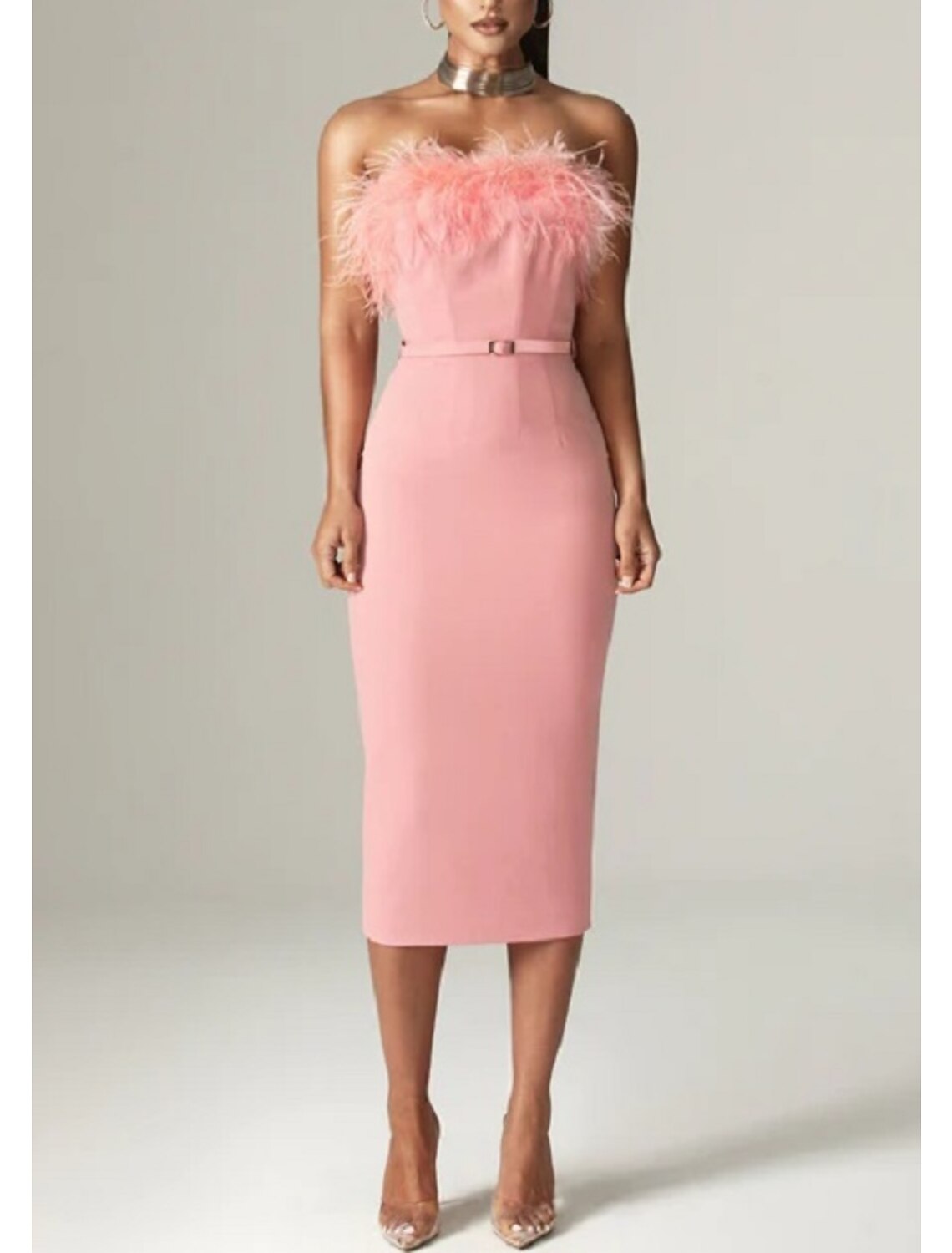 Sheath / Column Evening Gown Elegant Dress Formal Birthday Tea Length Sleeveless Strapless Belt / Sash Stretch Fabric with Feather