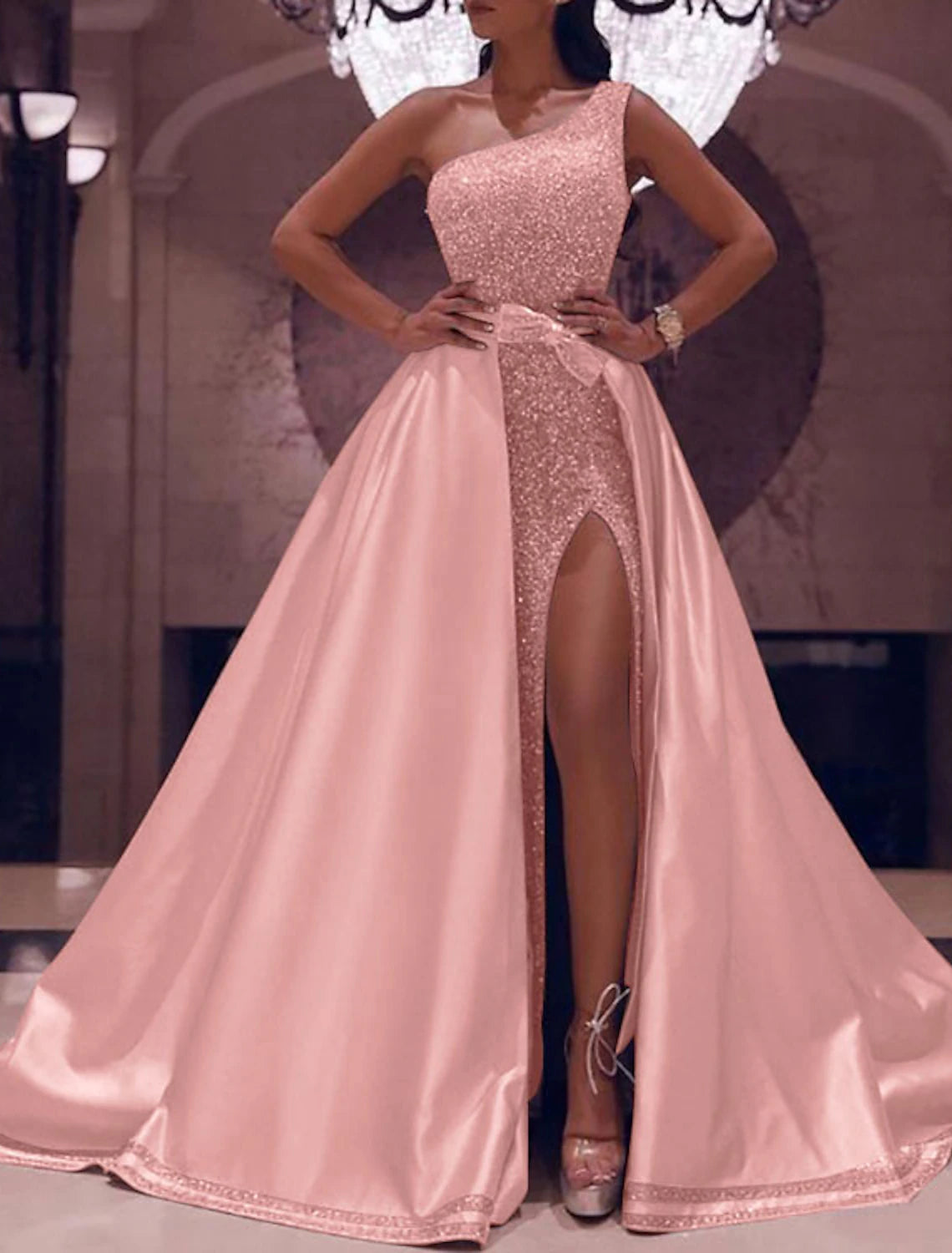 Ball Gown Prom Dresses Sparkle & Shine Dress Evening Party Quinceanera Floor Length Sleeveless One Shoulder Detachable Satin with Bow(s) Sequin