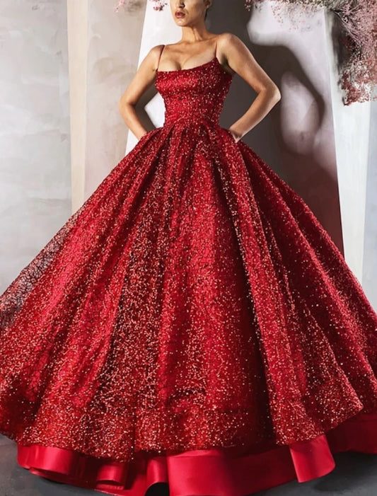 Ball Gown Evening Dress Glittering Luxurious Dress Engagement Wedding Dress Sparkly Floor Length Sleeveless Spaghetti Strap Satin with Tiered