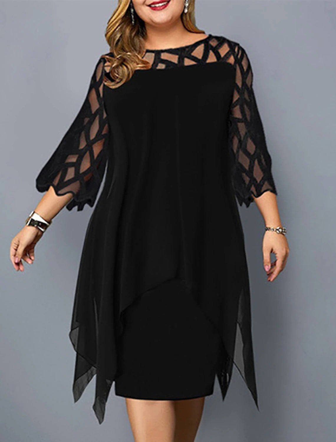 A-Line Elegant Cocktail Dress Semi-formal Party Dress Midi Jewel Neck 3/4 Length Sleeve Knee Length Lace with Sleek Splicing