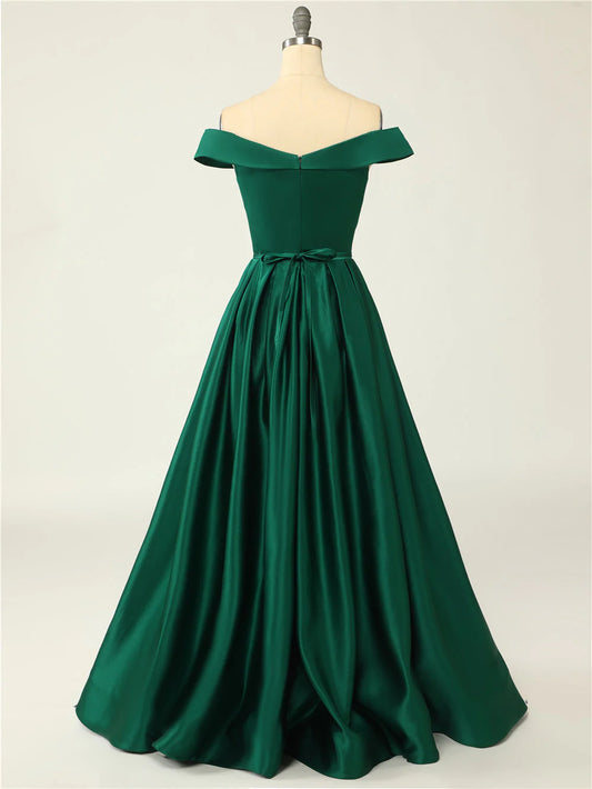 DingJiDress Prom Dresses Sexy A-Line Long Off The Shoulder High Slit Satin