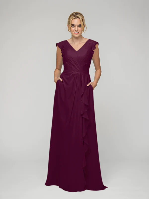 V Neck Chiffon Cap Sleeves Long Bridesmaid Dresses