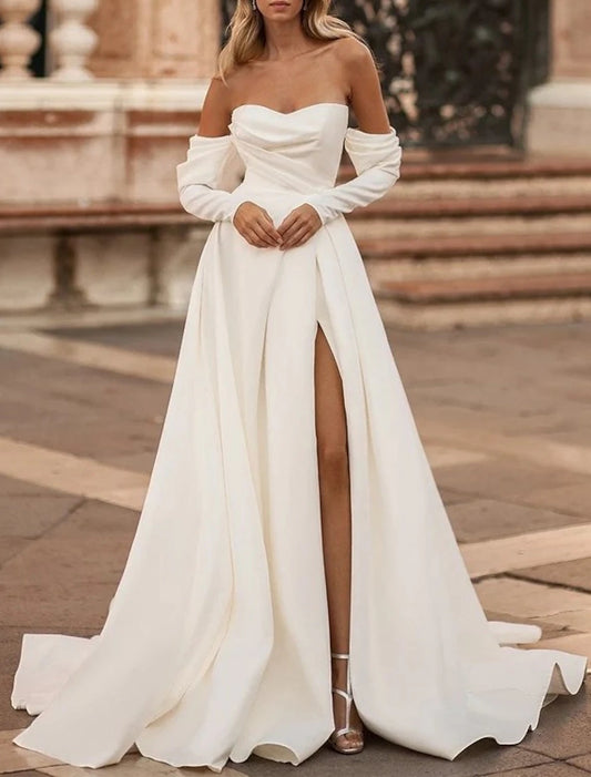 DingJiDress Hall Casual Wedding Dresses A-Line Off Shoulder Long Sleeve Court Train Satin Bridal Gowns With Split Front