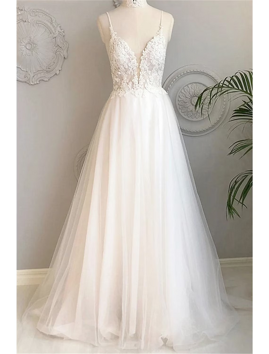Beautiful Beach Wedding Dresses A-Line Sleeveless Strap Lace With Buttons Appliques